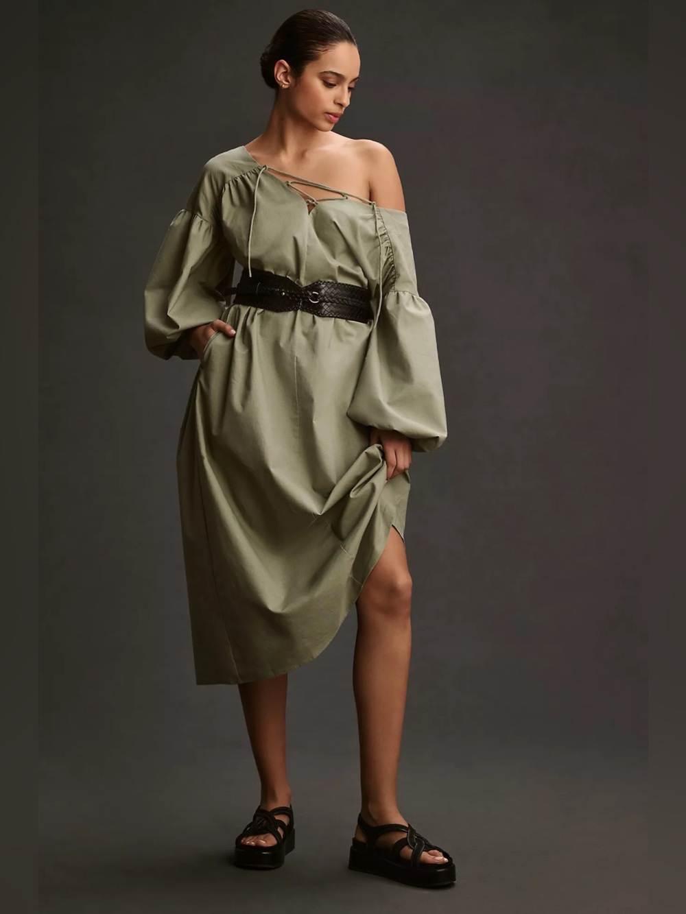 NWT Mare Mare Bubble-Sleeve Lace-Up Midi Dress L